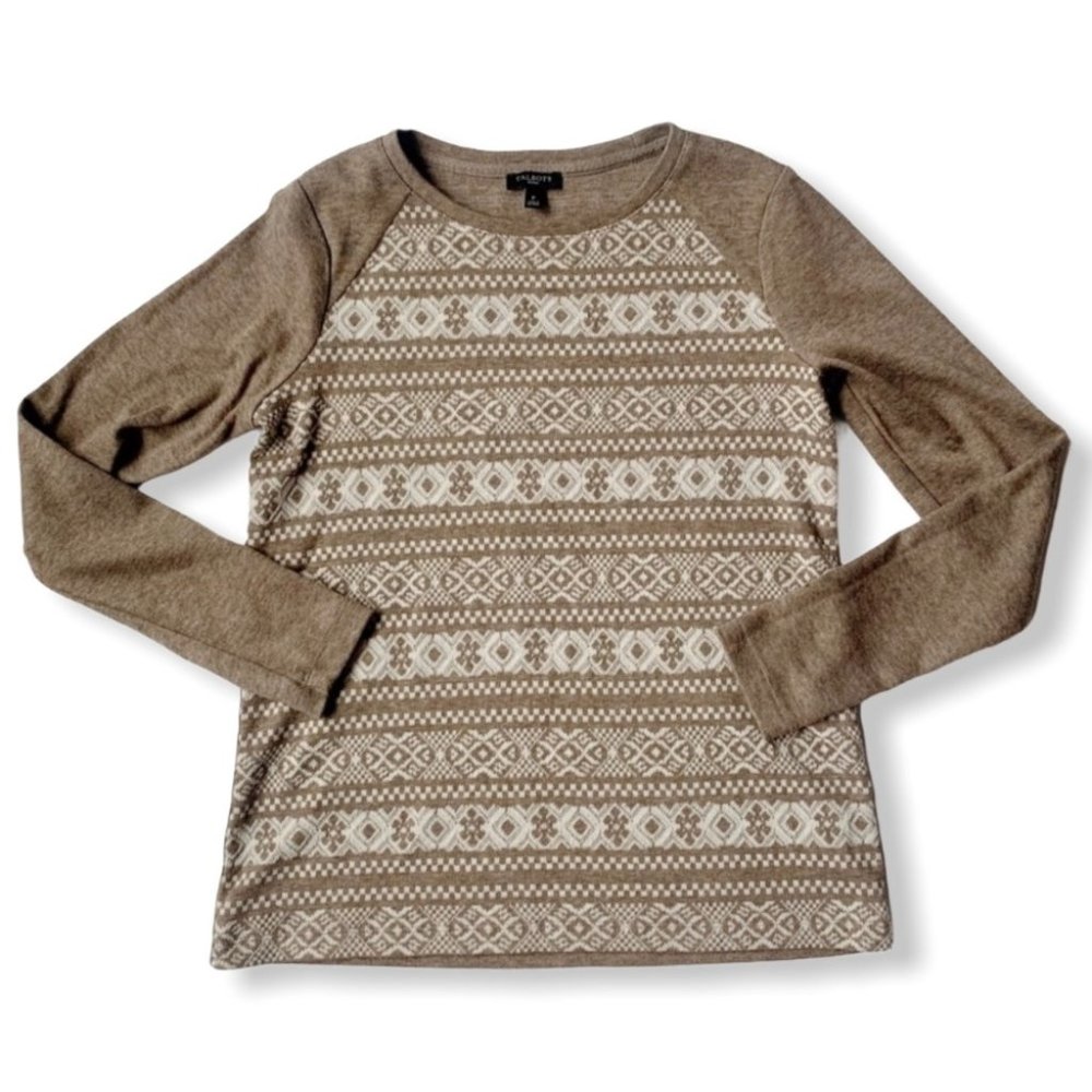 {Talbots} Tan Fair Isle Raglan Pullover Sweater